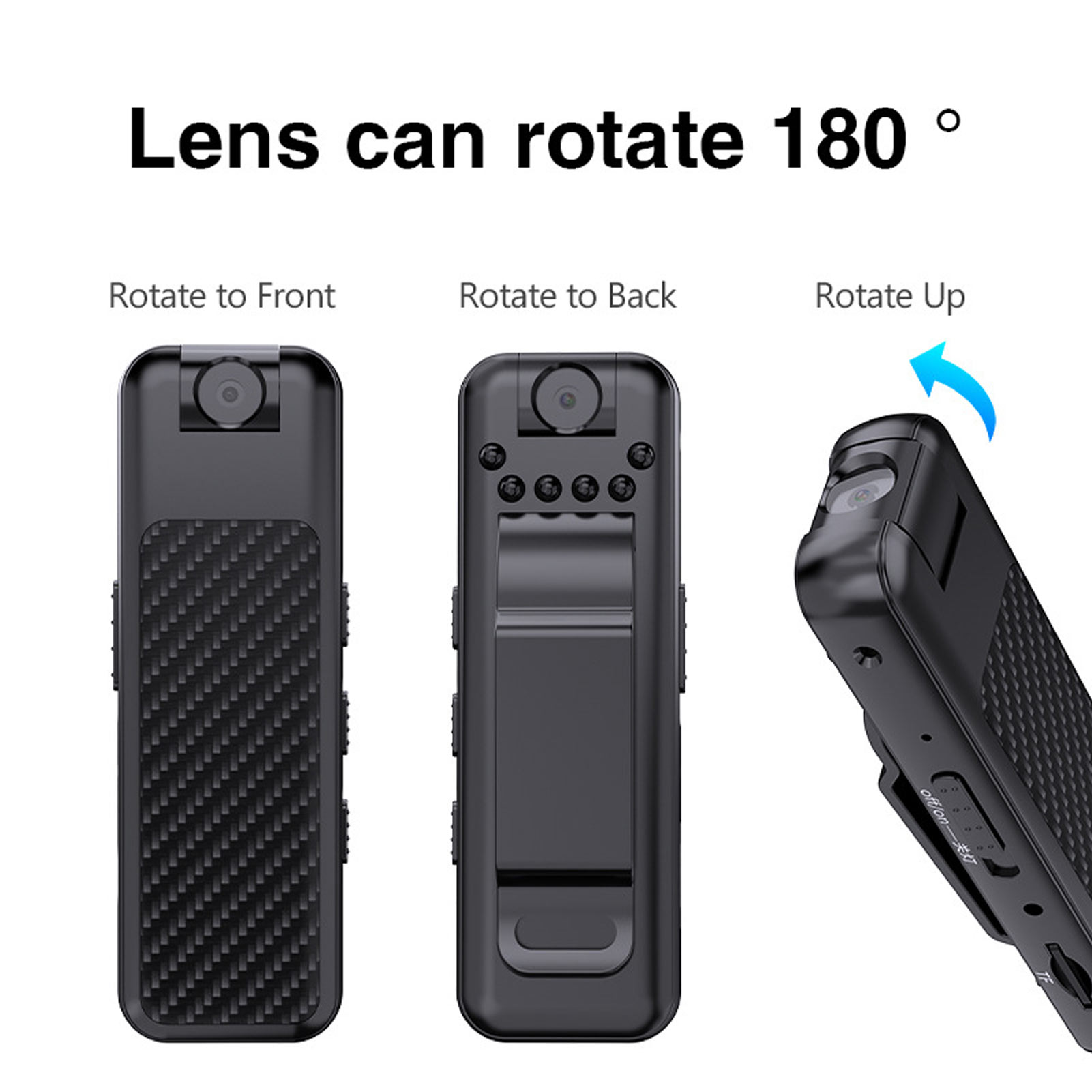 Videoregistratore con Clip posteriore Power Off Storage HD videoregistratore portatile con obiettivo rotante a 180 gradi per affari per sport all'aria aperta