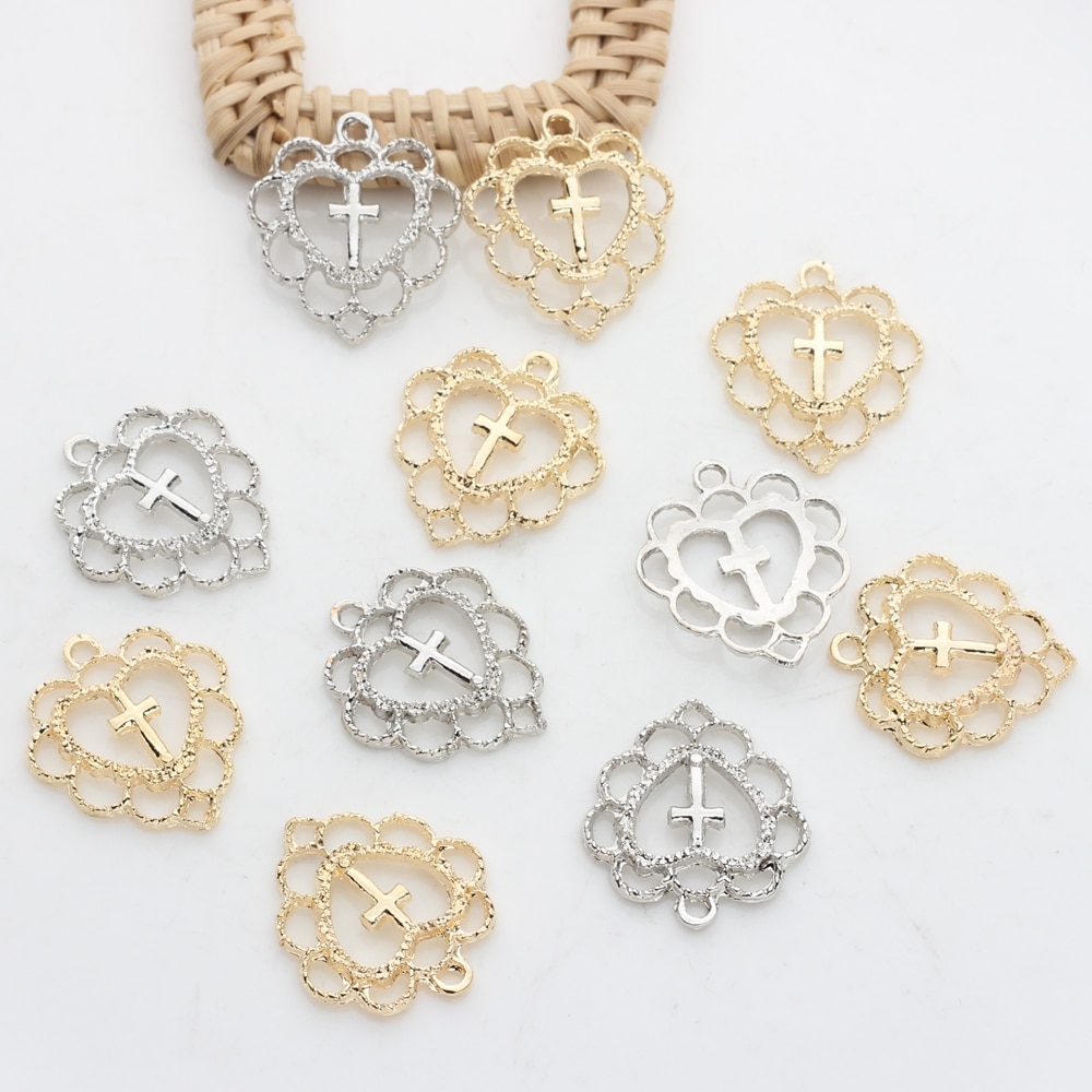 20mm 10 teile/los Zink-legierung Gold Hohl Süße Herz Kreuz Religiöse Spitze Charms Für DIY Schmuck Machen Ohrringe Zubehör