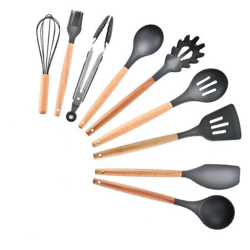Ensemble d'ustensiles de cuisine en Silicone, antiadhésif, spatule avec manche en bois, avec boîte de rangement, 9/11 pièces: Dark gray-9pcs