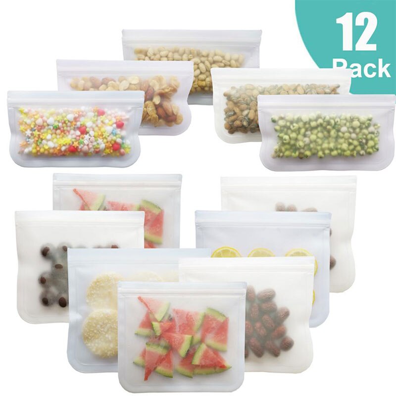 Bolsa reutilizable de silicona para alimentos, paquetes de PEVA para mantener la comida fresca, frutas, a prueba de fugas, con cierre, esmerilada, 12 unidades/juego: 12Pcs