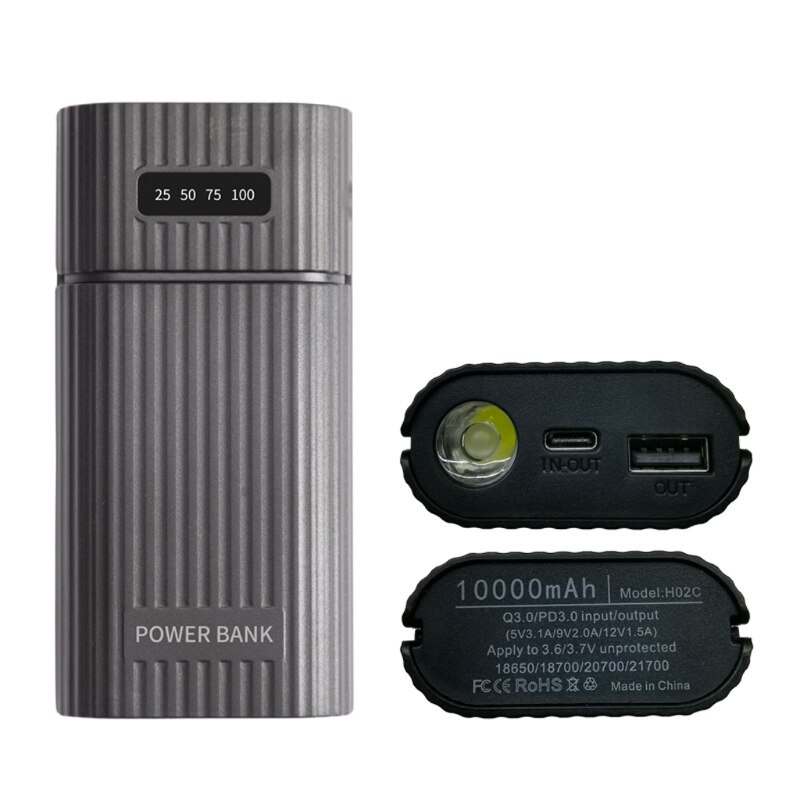 18650 21700 Batterij Power Bank Diy Case Met QC3.0 Usb + Type C Pd Output Batterij Shell Met Led zaklamp Diy Power Case: Black