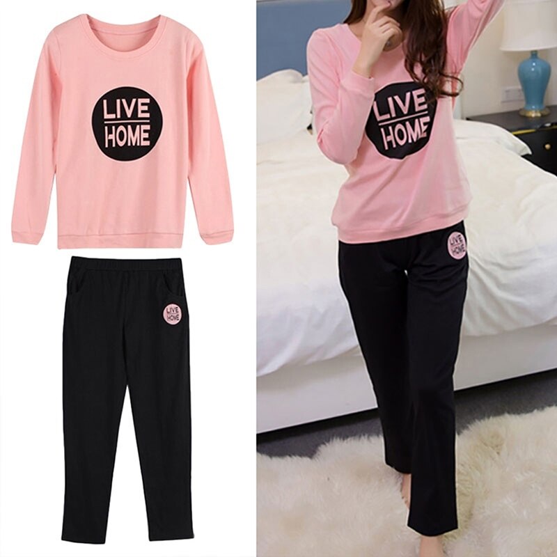 Women Pajamas Women's Home Clothes Letters Print Long Sleeve Sleepwear Nightwear Set Big Size Tops + Pants Pajama Pyjama Femme