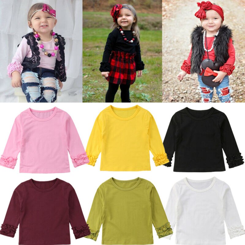 1-5Y Peuter Kinderen Meisje Mode Puff Met Lange Mouwen Tops Kleding T-shirt Tee Tops Herfst Casual Solid Katoen Zachte Kant t-Shirt