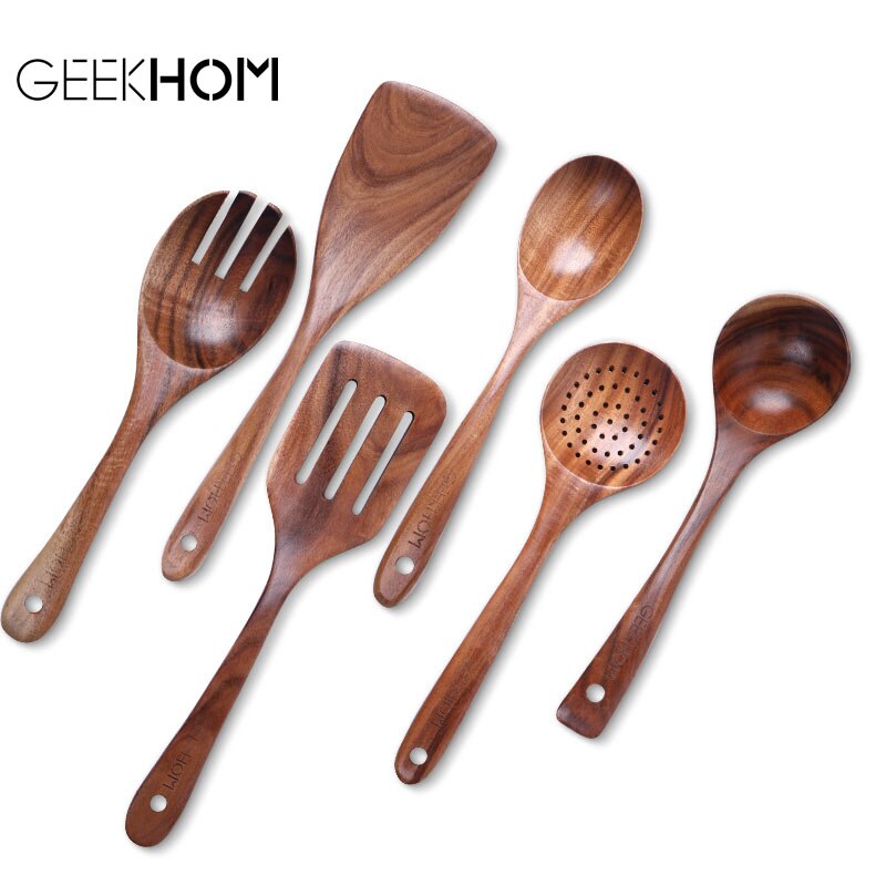GEEKHOM Wooden Cooking Utensils Set Heat Resistant Cookware Spatula Set Wooden Handle Kitchen Accessories Cooking Tools