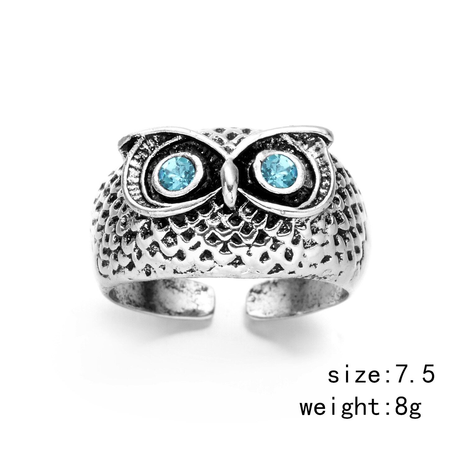 Anillos Retro Punk con forma de búho para hombre y mujer, joyería ajustable con personalidad, Ojos de cristal azul y rojo, Color plateado antiguo, anillo abierto