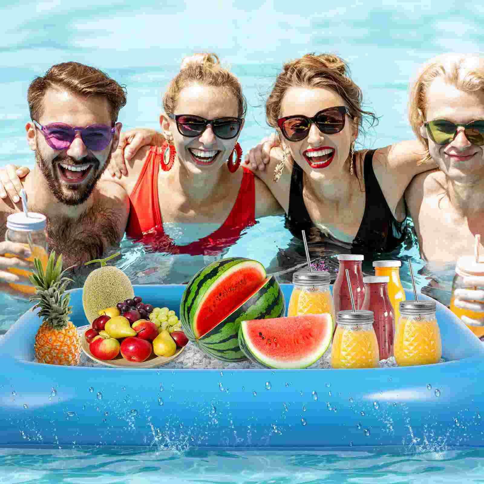 Hemoton 2PCS Inflatable Pool Float Swimming Pool Serving Bar Buffet Fruit Plate Food Drinks Cooler Holder Floating Tray (Blue)