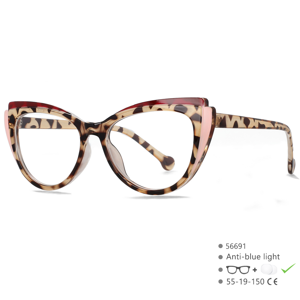 56691 Regenboog Optische Spektakel Frame Vrouwen Mode Gekleurd Wenkbrauw Frame Platte Spiegel Cat Eye Anti Blauwe Computerbril: Rood