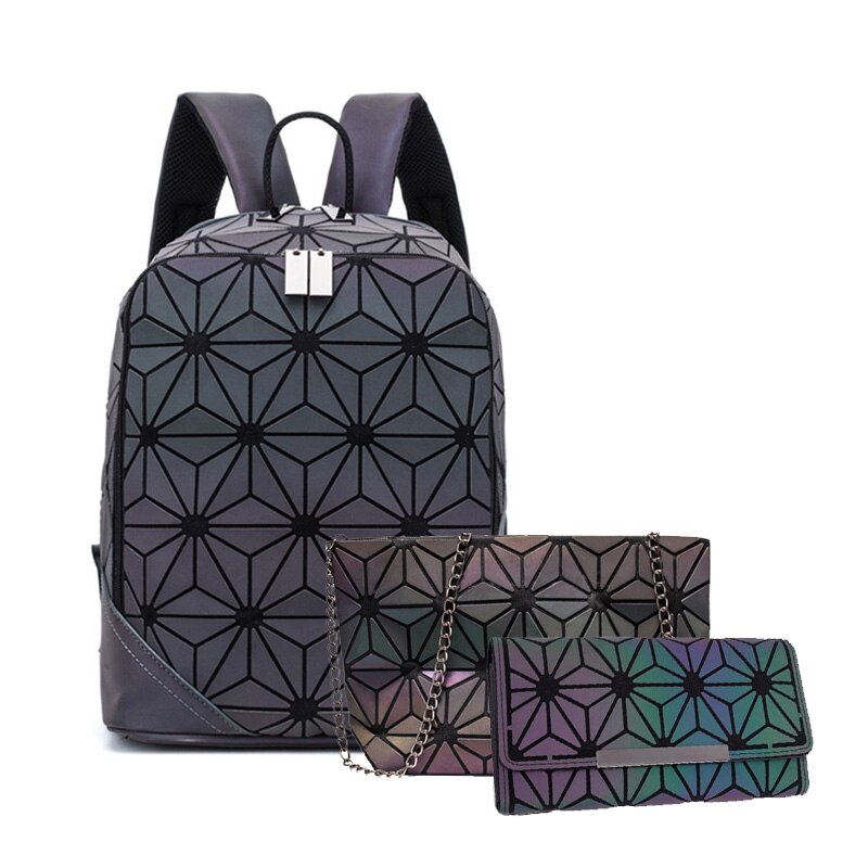 Nuovo Luminoso Zaino Delle Donne Zaino Reticolo Set Scuola Zaini per Teenage Girl Borse da Scuola Olografica Frizione Della Borsa Mochila: 3-piece set D