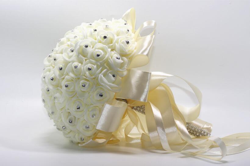 AYiCuthia boeket zijde bloemen Brautjungfer Hochzeit Foamflowers Weiß Rose Braut blumenstrauß Weiß Satin Romantische Hochzeit bouquet S21: ivory