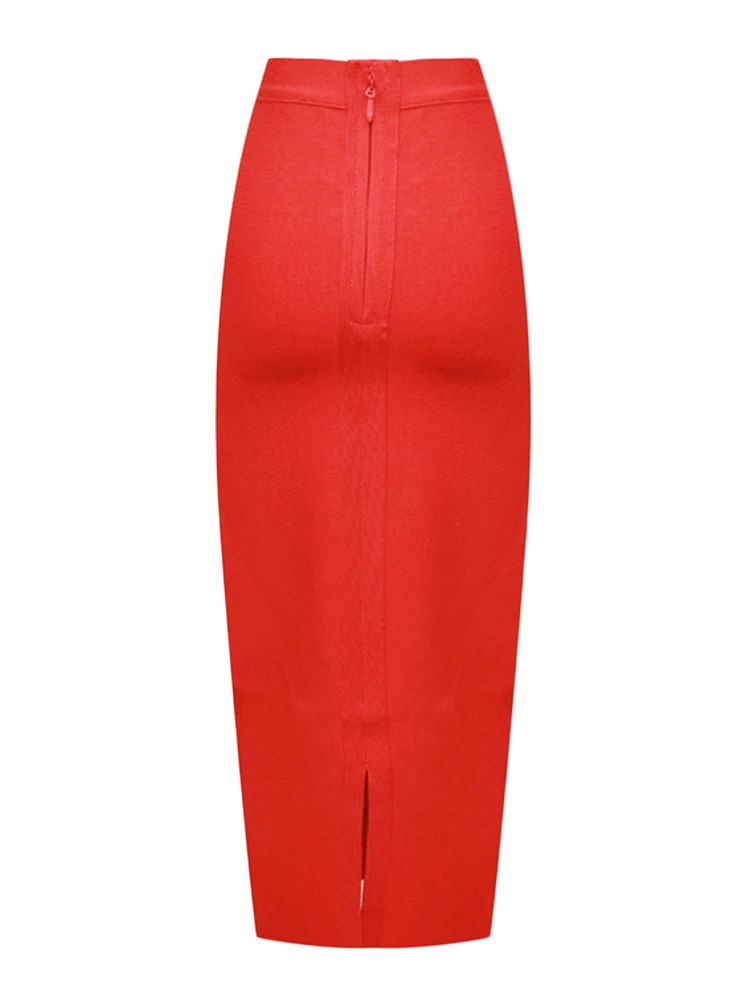 BEAUKEY Sexy Blue Mid Calf HL Bandage Pencil Skirt Long Bodycon Women Stretchable Split Skirt XL Red Women Skirts: Red / L