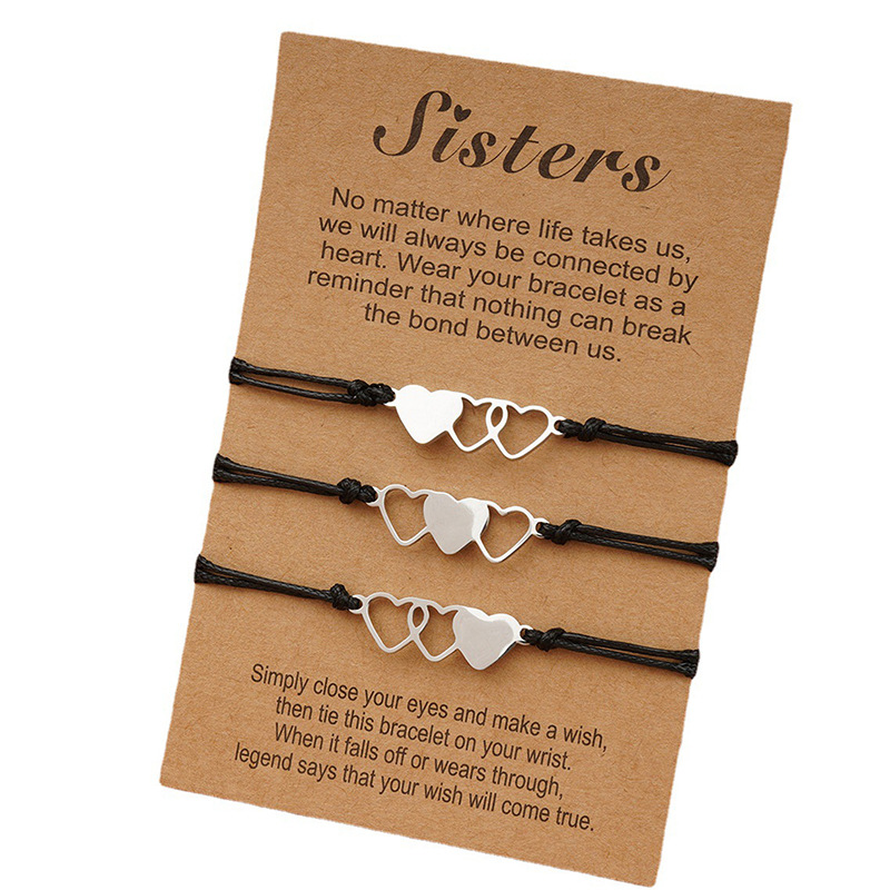 3 pçs correspondência coração irmã cartão pulseira de aço inoxidável artesanal trançado charme pulseira amizade jóias presente para meninas: Silver