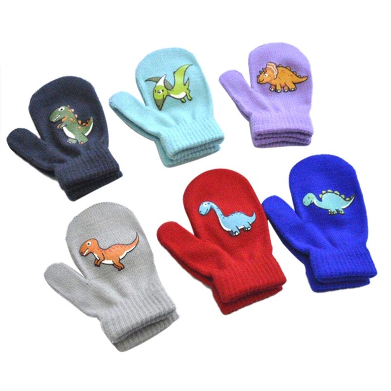 Guantes elásticos de invierno para niños pequeños, manoplas de tejido cálido con estampado de dibujos animados de dinosaurios, de 1 a 5 años