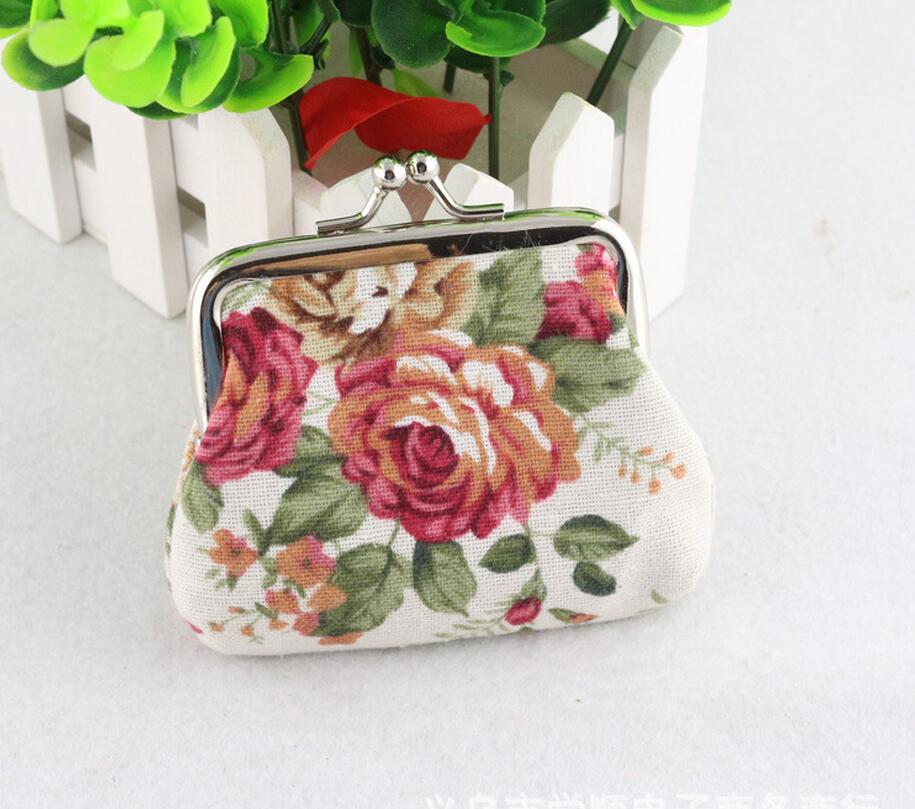 Vintage Style Women Cotton Fabric Coin Purse Big Rose Printed Wallets Key Holders Party For Girls 8pcs/lot