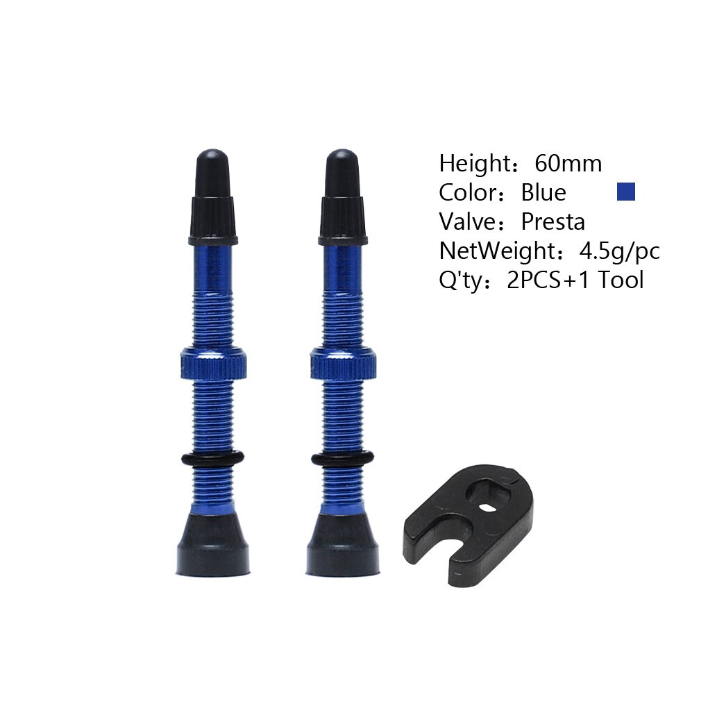 2 Pcs/set Bike Tire Air Valve Bike Tubeless Wheel Valve Kit Copper Core Alloy Stem Rubber Base: Blue 60mm