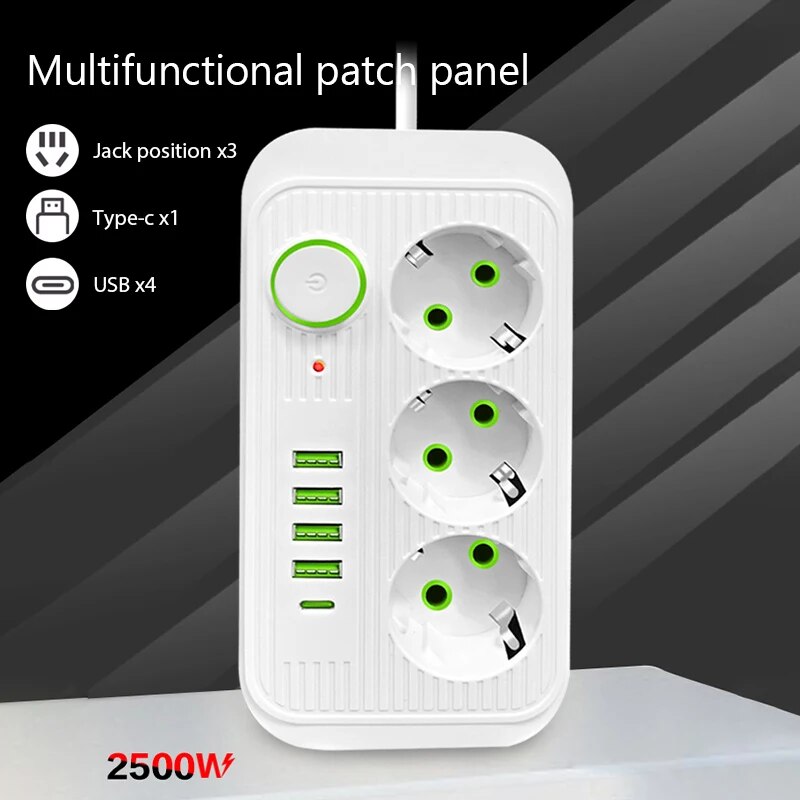 EU-Stecker-Steckdosenleiste, 3 AC-Steckdosen, 2 m Verlängerungskabel, Steckdose mit 4 USB-Anschlüssen, 1 PD-Anschlüsse, Schnelllade-Multiprise-Netzwerkfilter