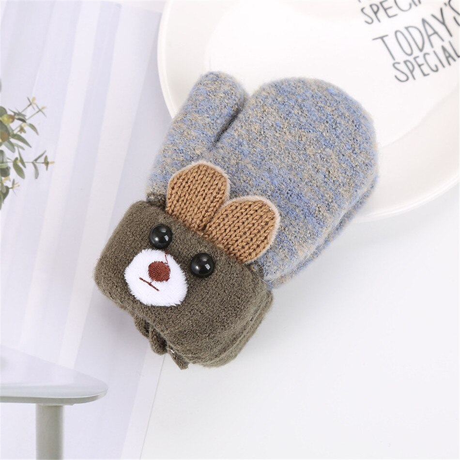 Warmom Cute Ear Bear Cartoon guanti per bambini inverno lavorato a maglia lana doppio strato più velluto guanti caldi spessi guanti per bambini per 0-3Y