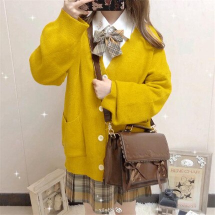 JK Cardigan Loose JK Sweater Coat japanese school uniform school girl uniform japanese uniformes estudiantes: YELLOW / M