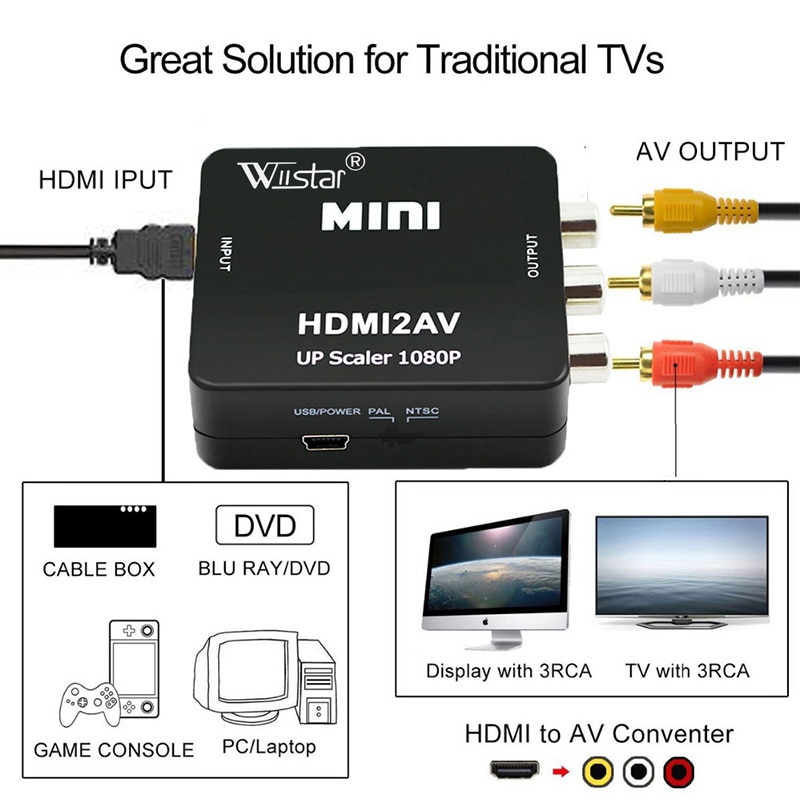 1080P Mini HDMI to RCA AV Composite Adapter Converter for PC HDTV Converter