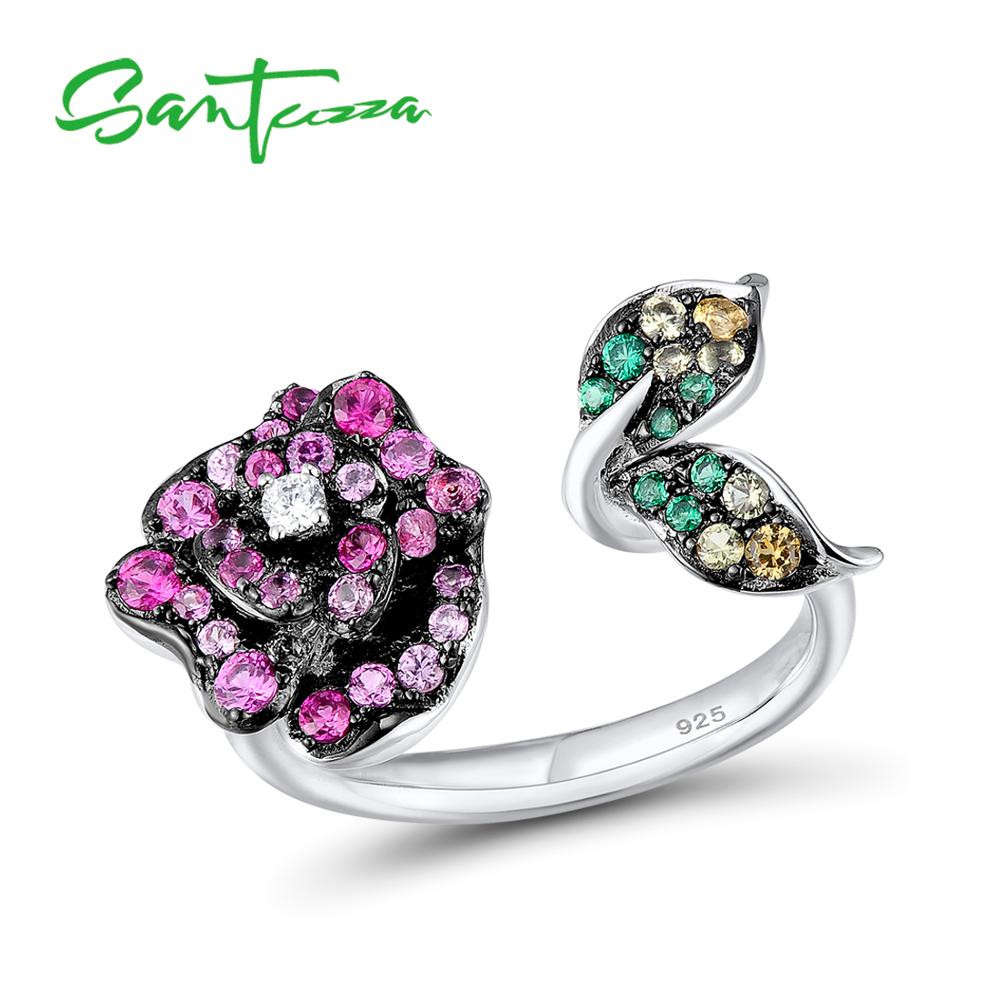 SANTUZZA Silber Ring Für Frauen 925 Sterling Silber Einstellbare Wunderschöne Blume Ring Helle Zirkonia Partei Schmuck