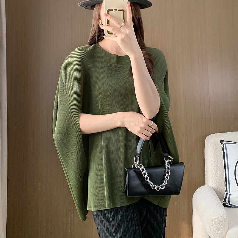 Miyake-Top plisado holgado con manga de murciélago para mujer, Top de Color sólido, capa de , ropa informal de otoño para mujer: Verde