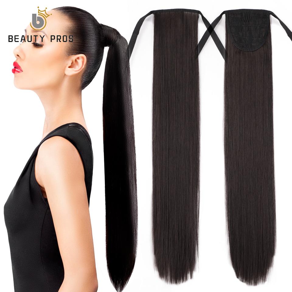 Lang lige klips i hale i falsk hår hestehale hårstykke med hårnåle 22 " 26 tommer syntetisk hestehale hair extensions