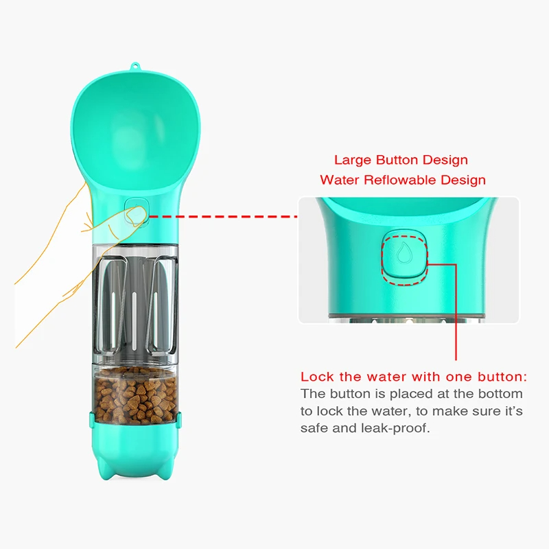 Botella de agua portátil para gatos y perros, alimentador de alimentos, bebedero, dispensador de caca 3 en 1, prueba de fugas,