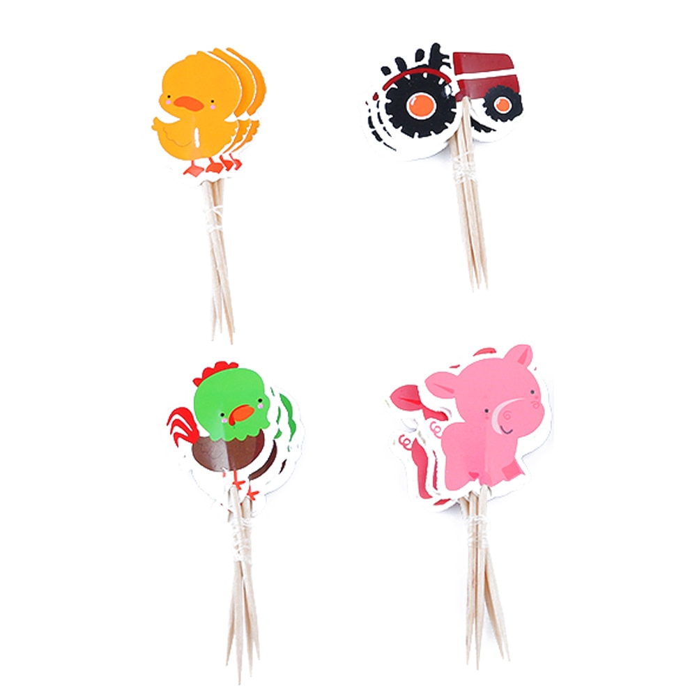 24PCS/pack Cartoon Farm Animal Party Theme Cupcake Toppers Mixed Styles Picks for Kids Birthday Party Favors DIY Cake Decor