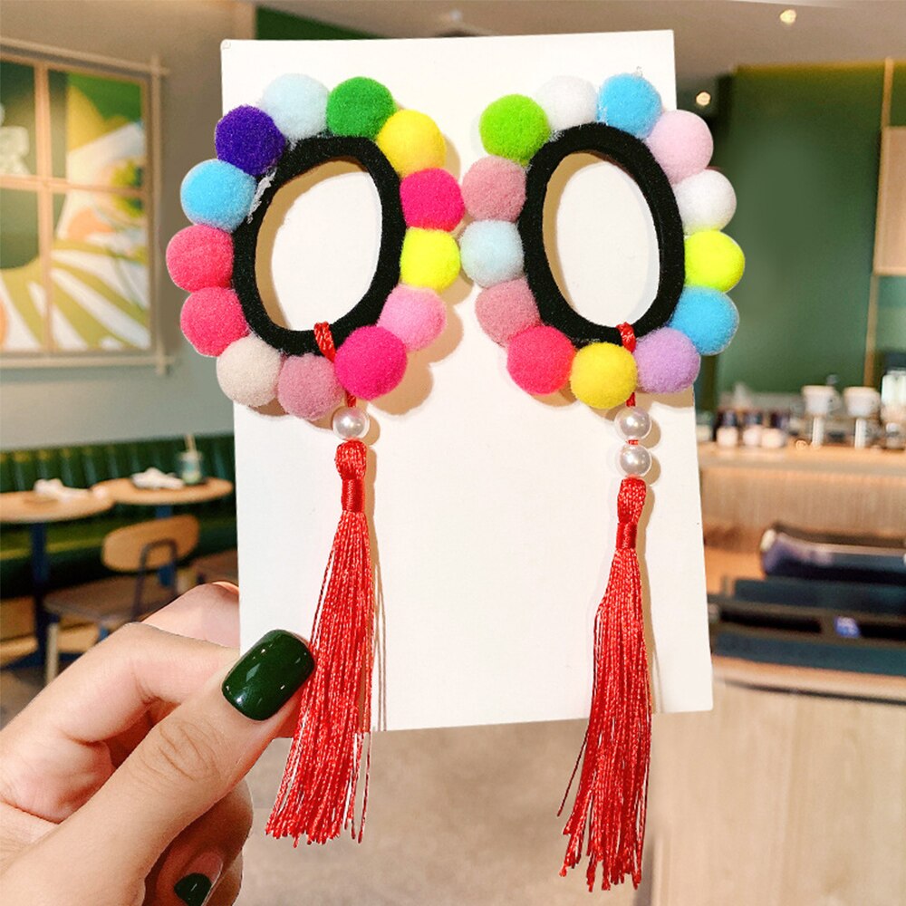 2Pcs Pompom Balls Tassel Elastic Hair Bands for Girls Ponytail Holder Scrunchies Baby Kids Elastic Rubber Band Hair Accessories: 2