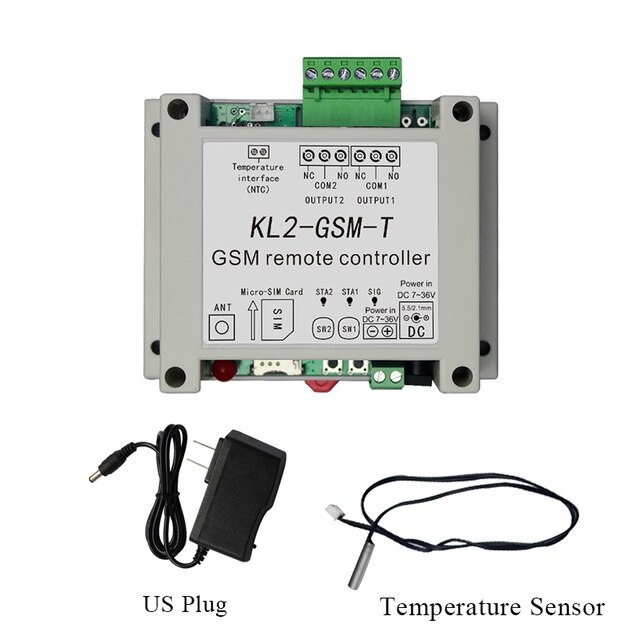 DC12V 2 Kanaals Relais Uitgang Gsm Afstandsbediening Schakelaar KL2-GSM-T Met 1Meter Temperatuur Sensor: US plug
