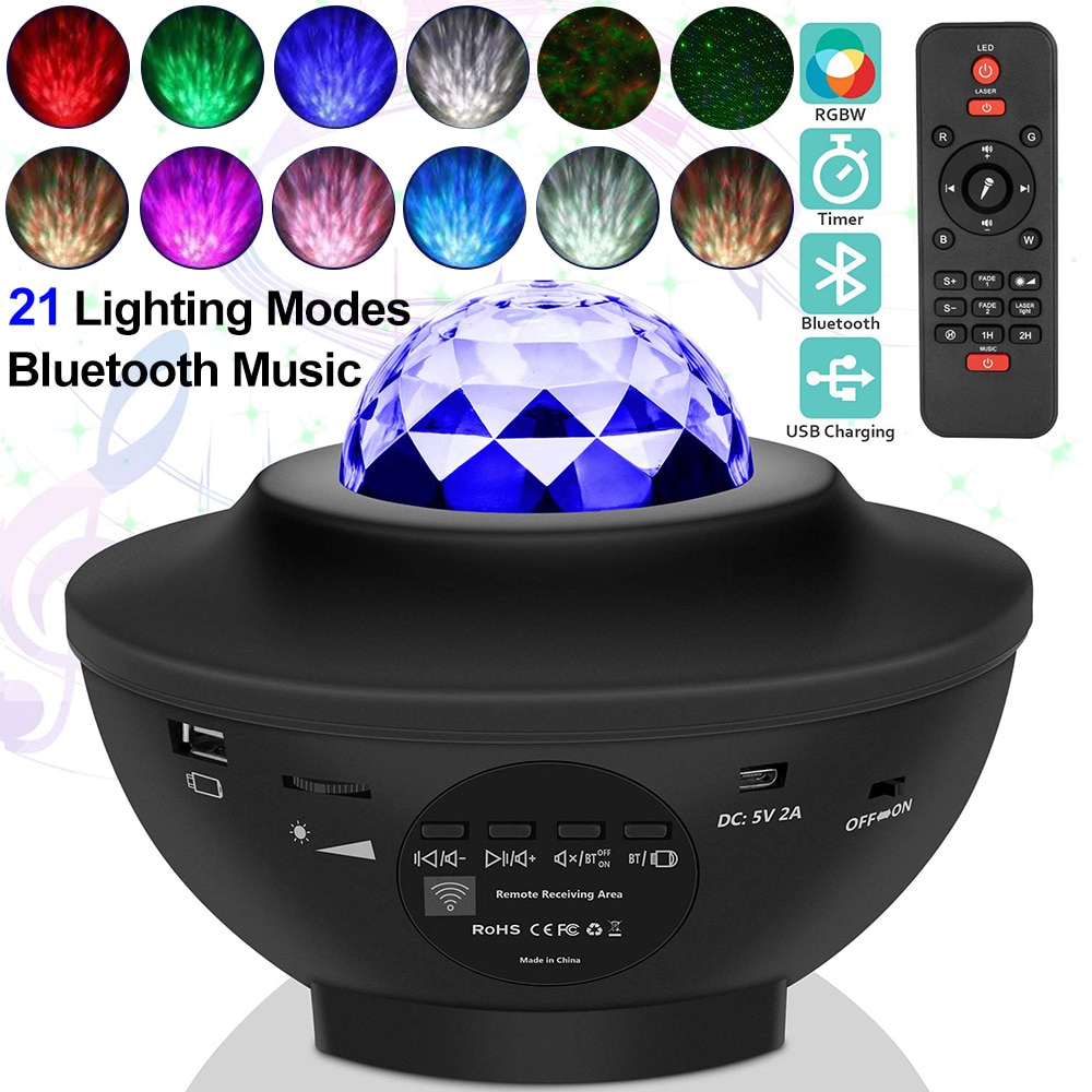 Sound-Activated LED Starry Water Wave Music Projector Light Bluetooth Music Player Remote Projector Light Wedding Decor D20