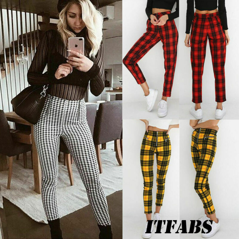 Klassische Plaid Hosen Frauen Reißverschluss Dünne Denim Büro lässig Hohe Taille Jeggings Bleistift Hosen Hosen Streetwear