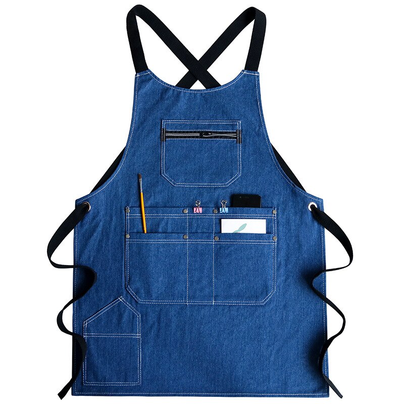 Solid Denim Pocket Bibs House Cleaning Working Coffee Pinafore Canvas Apron Kitchen Accessories Shop Cooking Baking Accessories: 2WQ-46457-001