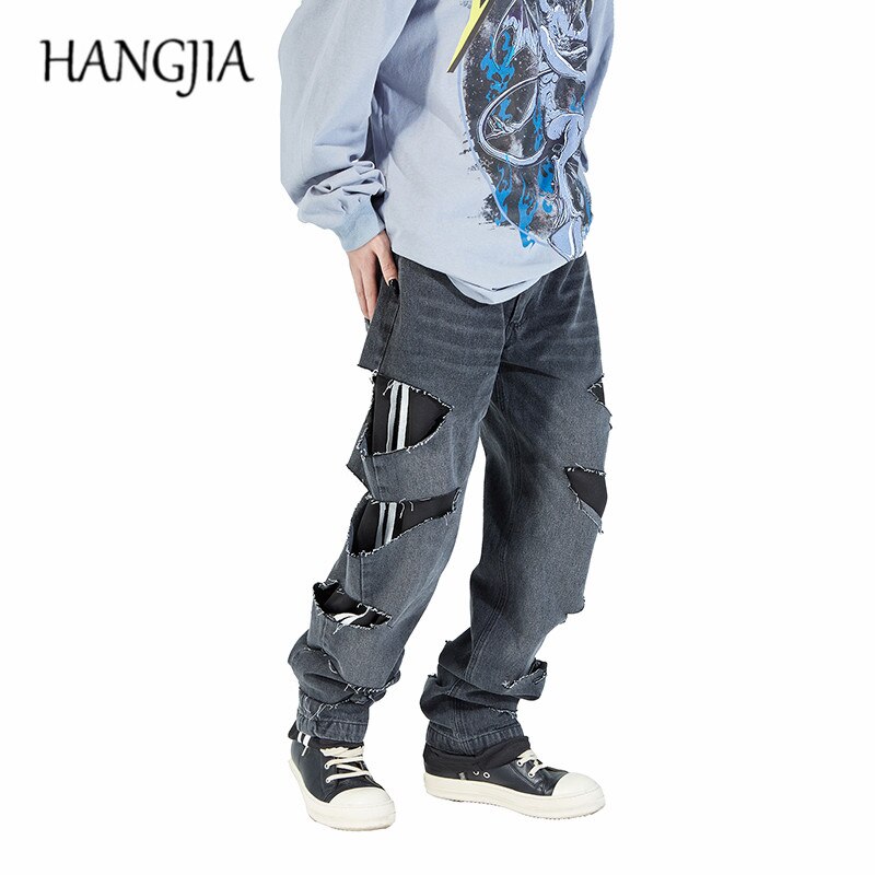 Swag – pantalon en Jean délavé pour hommes, bleu, noir, Hip Hop, Large, pantalon en Denim déchiré, femme, Streetwear urbain