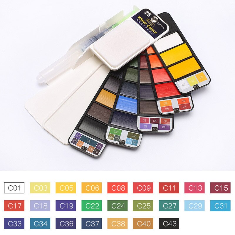 18/25/33/42 farver solid akvarelsæt sammenklappelig vandfarve maling vandbørste pigment til tegning af papirvarer: 25 farver