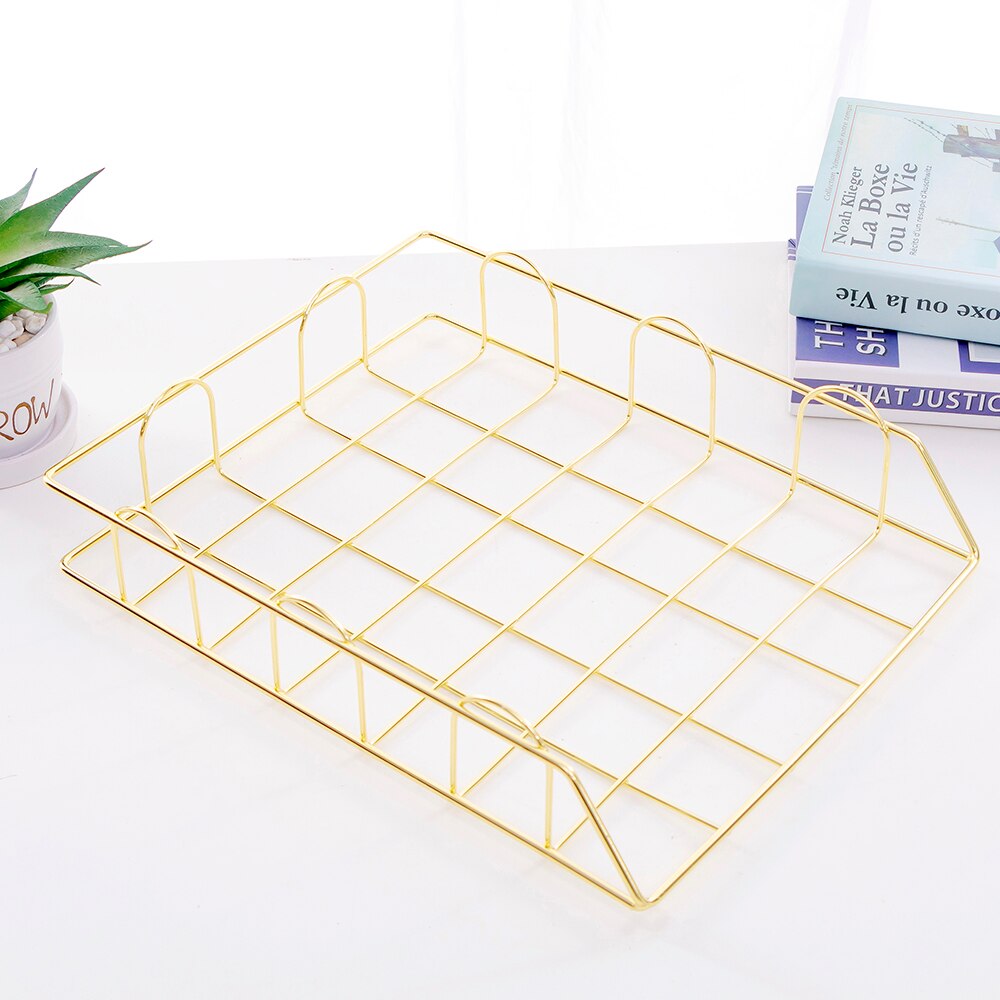 Gold Metal File Tray Desk Accessorie Magazine Holder Handmade Overlayabl File Office Organizer Layering Paper Storage Paper Tray
