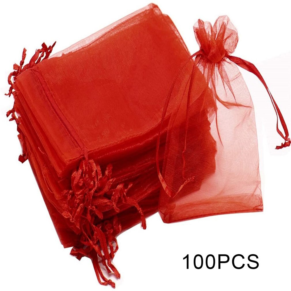 100Pc Organza Bag Jewelry Packaging Candy Wedding Party Goodie Packing Favors Cake Pouches Drawable Bags For Sweets: Burgundy