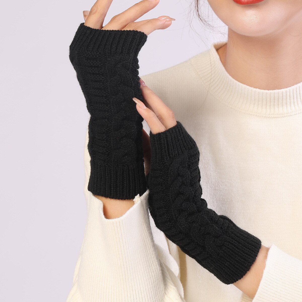 Gants sans doigts pour femmes, mitaines chaudes tricotées, extensibles, avec trou pour le pouce et les bras, hiver, noir, rouge et gris