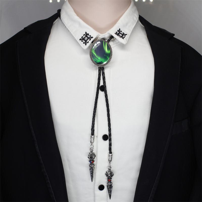 BOLO-00168 nuovo arrivo Polar Light Galaxy Nebula ovale in vetro Cabochon Western Bolo Tie Neck cravatte collana a catena in pelle