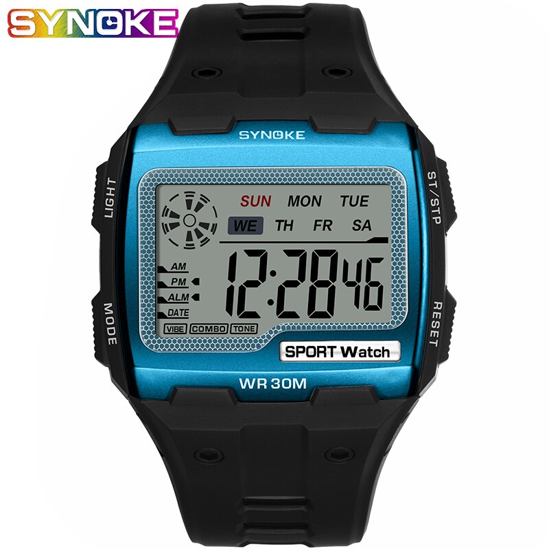 Synoke Mode Mannen Vierkante Digitale Horloge Lichtgevende Buitensporten Waterdicht Man Horloge Led Display Multifunctionele Horloge: lake blue