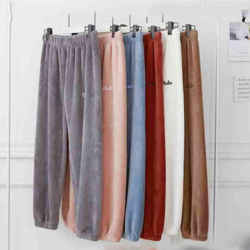 Women Autumn Winter Warm Plush Fleece Long Sleep Pants Homewear Pajamas Soft Flannel Thick Sleepwear Trousers