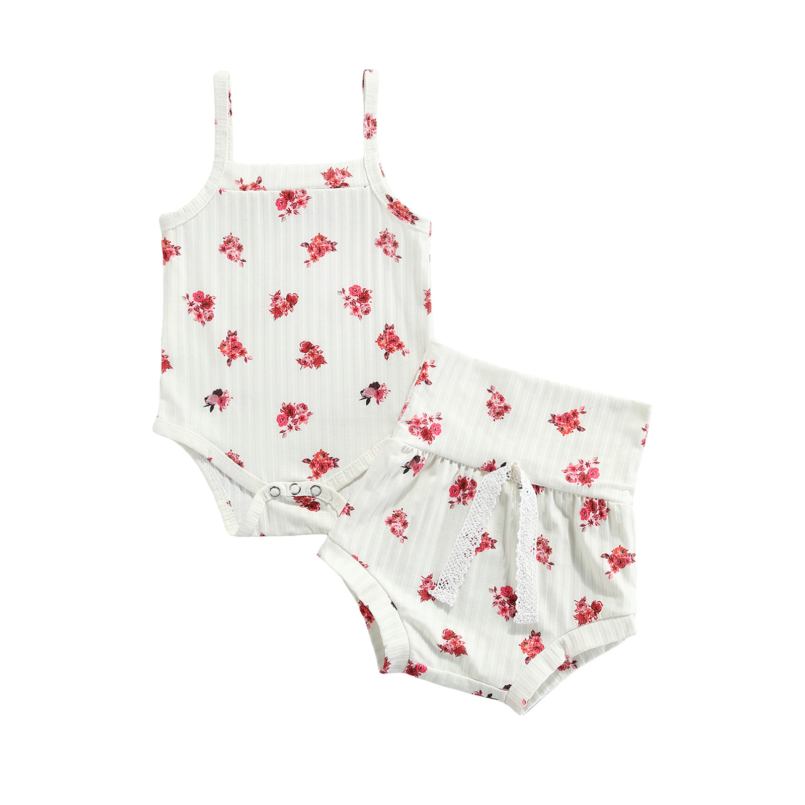 Baby Meisje Kleding Set Zomer Leuke Bloemenprint Mouwloze Romper + Boog Driehoek Shorts Outfits: Beige / 6m