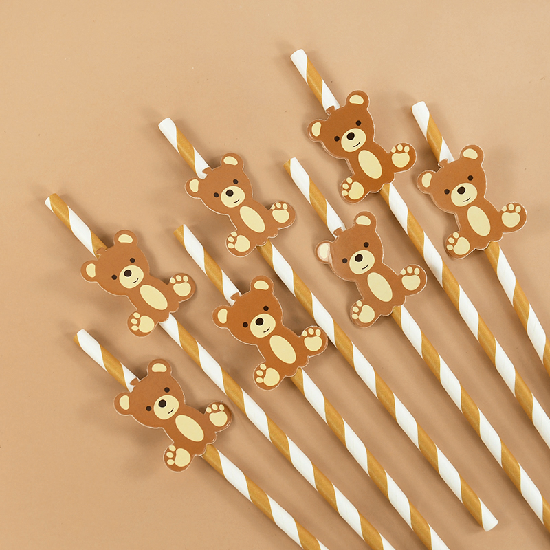 Pailles en papier ours en peluche pour enfants, ours mignon, marron, rose, poulet, paille à boire, anniversaire, fête préChristophe, fournitures de décoration, 20 pièces