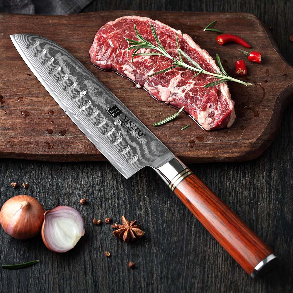 Xinzuo 7 '' inches japansk stil kokknive damask rustfrit stål køkkenkniv santoku kniv palisanderhåndtag