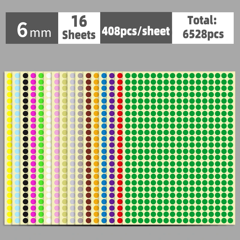 Autocollants à pois auto-adhésifs, étiquette ronde, fournitures scolaires, document mixte, multi-taille, 6mm, 8mm, 10mm, 13mm, 16mm, 19mm, 25mm, 32mm, 50mm, 100mm, 16 feuilles: Gris clair