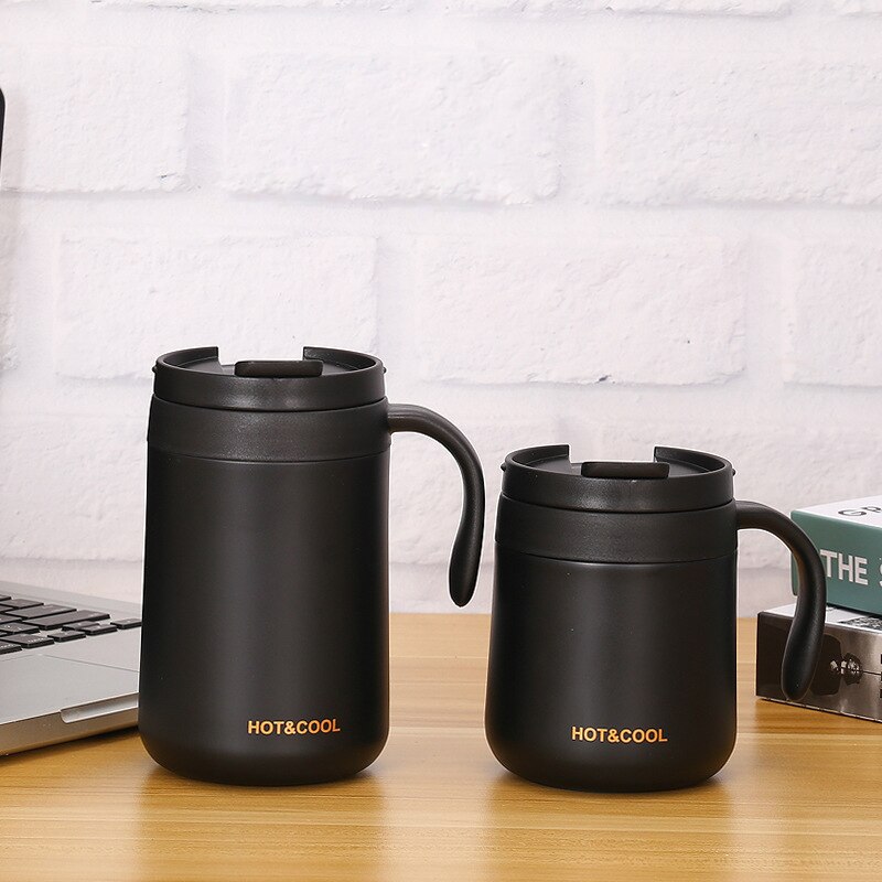 350/500ML Double Stainless Steel Thermal Coffee Mugs With Handle Thermos Flask Travel Office Tea Cup With Lid Drink Water Bottle: 350ML / black