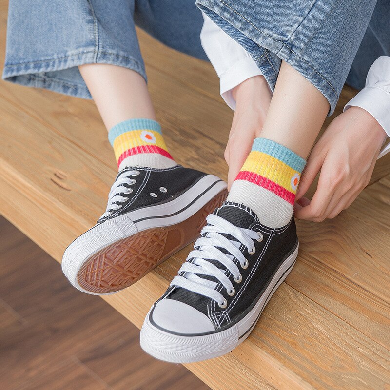Calcetines cortos de algodón con estampado de arcoíris para mujer, medias de estilo Harajuku, con dibujo de fruta, fresa, primavera y verano