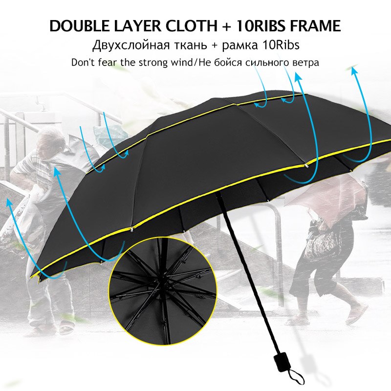 130cm Double Wind Resistant Umbrella Rain Woman Windproof 3Folding Umbrellas Men Outdoor Family Travel Business Large Paraguas