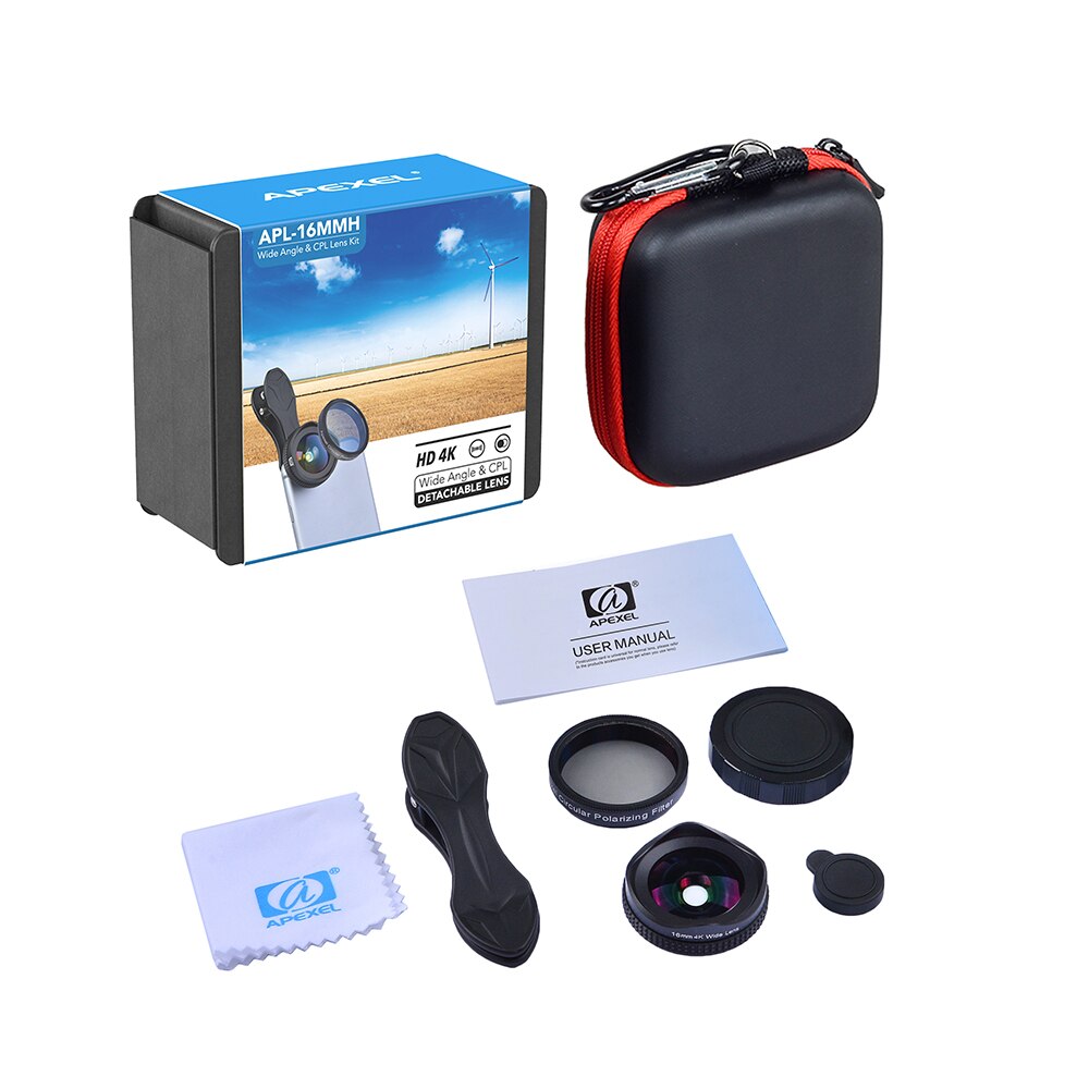 APEXEL-Kit de lentes de cámara Pro, 16mm, 4K, lente gran angular con filtro CPL, 2 en 1, HD, Clip Universal, para teléfono, iPhone, Xiaomi, Samsung