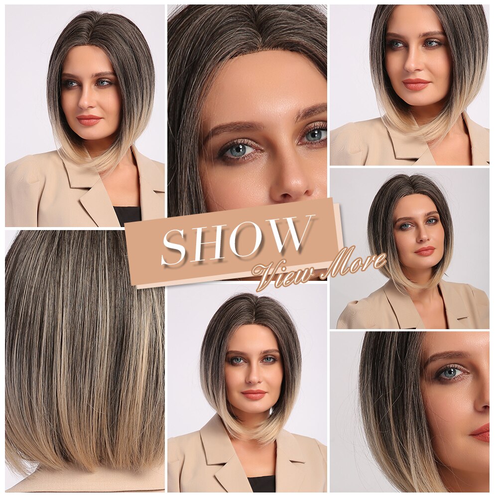Alan eaton bob synthetische pruik met middenscheiding, kort steil haar, natuurlijke ombre, bruin, asgoud, hoge temperatuur pruiken voor vrouwen.
