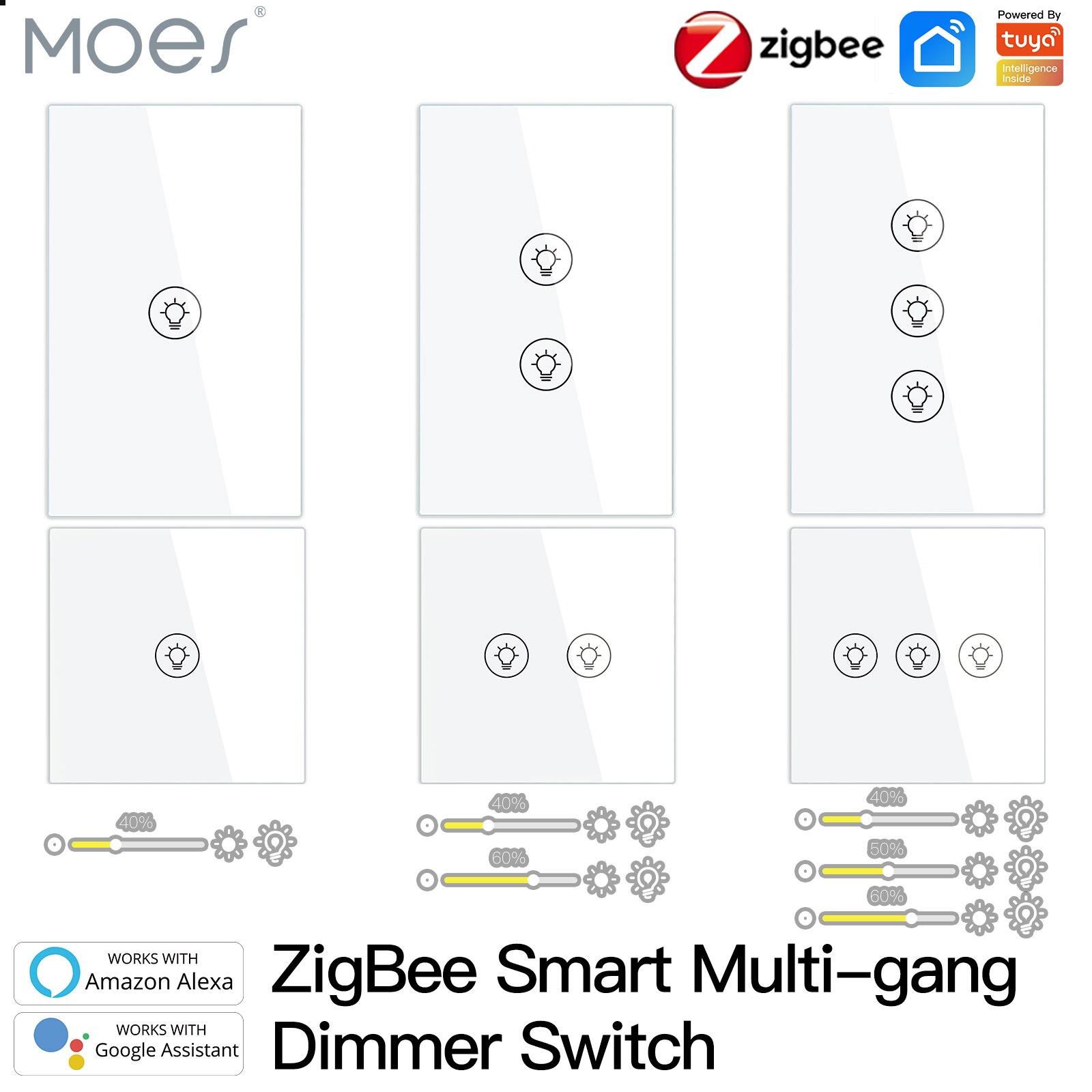 Smart ZigBee Multi-gang Light Dimmer Switch Independent Control Smart Tuya APP Control Works with Alexa Google Home 1/2/3 Gang